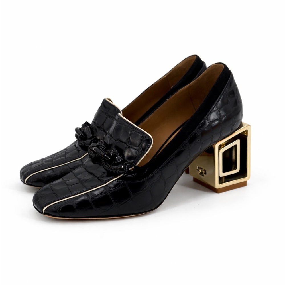 Tory Burch Jessa Black Croc Texture Square Toe Loafers Gold Architectural Heel - Picture 3 of 17